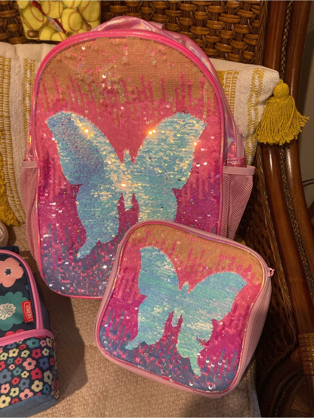 Kids Pink Sequin Butterfly Backpack & Lunch Bag Set